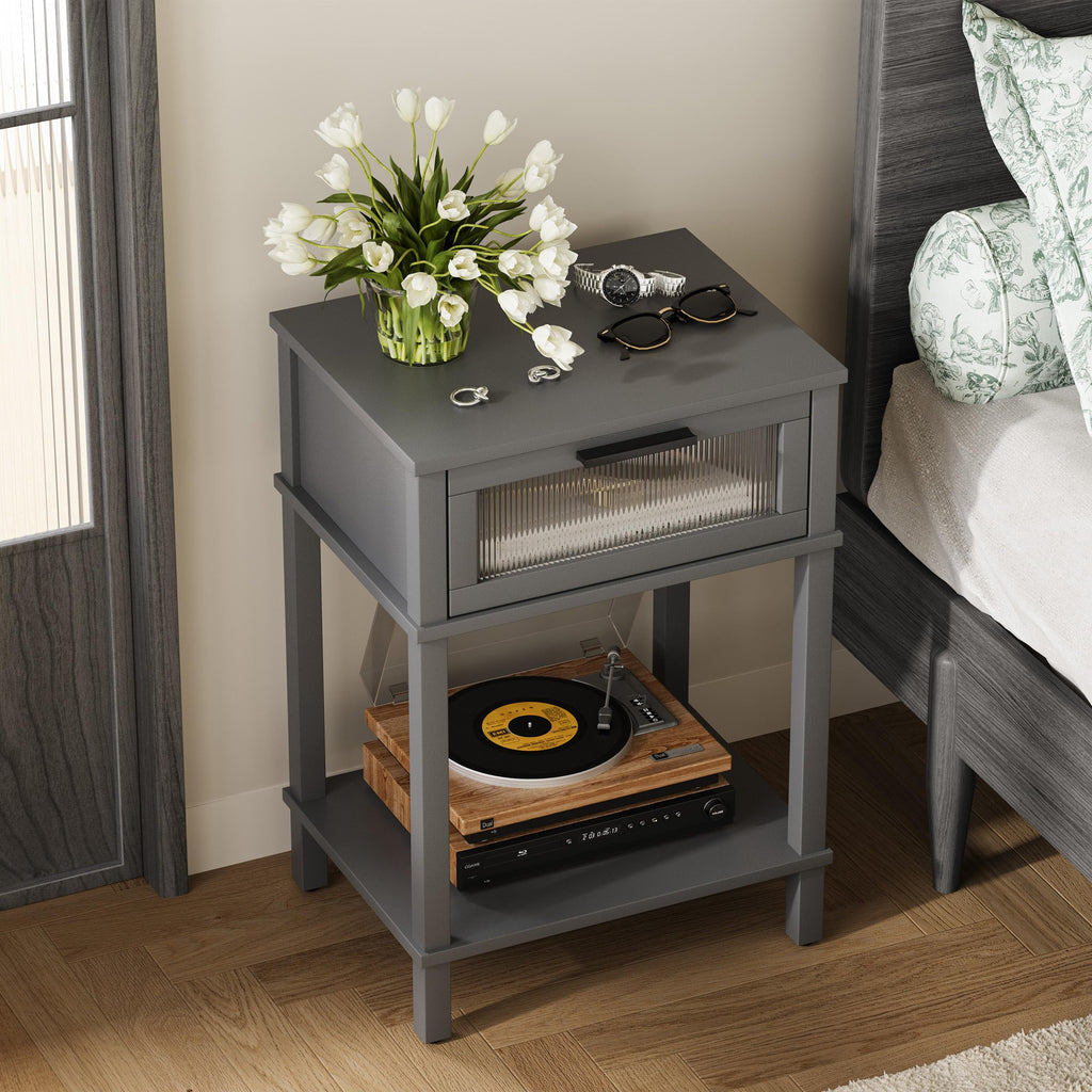 Grey Wooden Nightstand with Drawer and Storage Shelf V24022