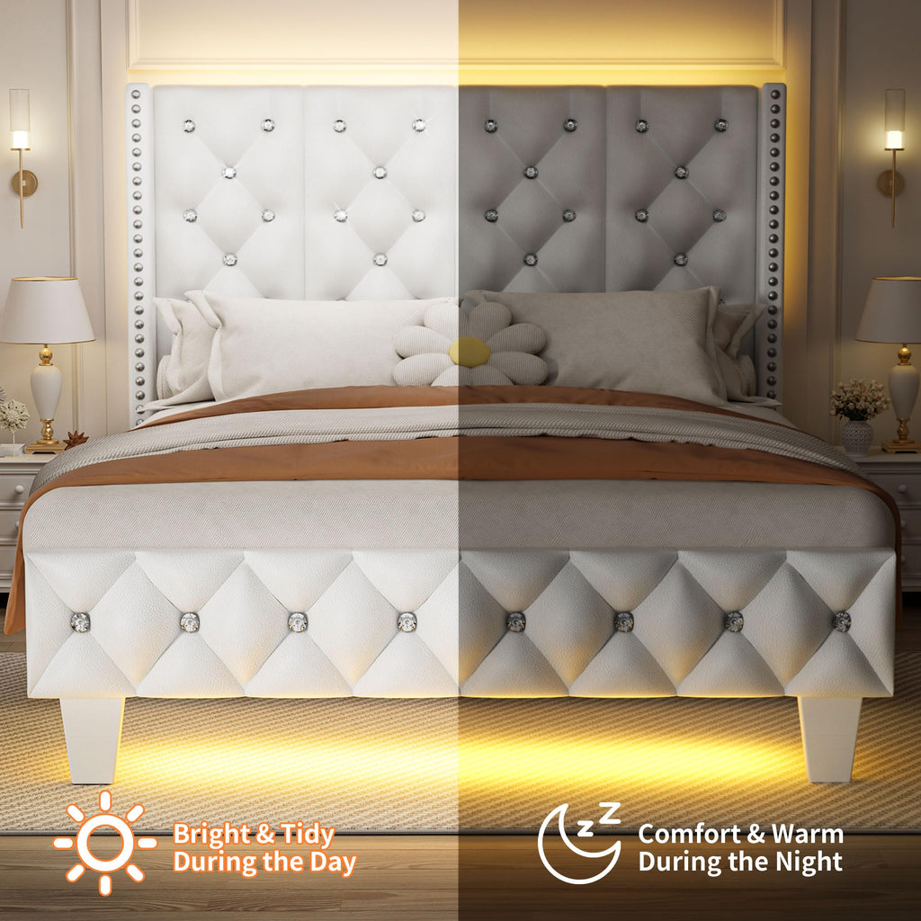 White Upholstered Full Size Bed Frame with Headboard A149802