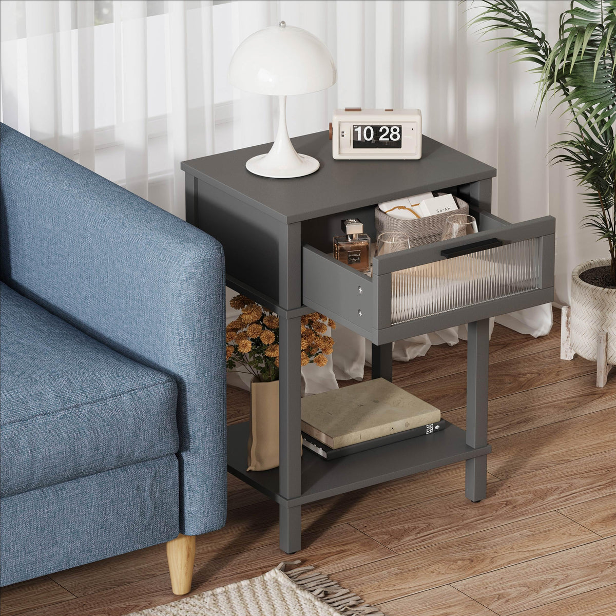 Grey Wooden Nightstand with Drawer and Storage Shelf V24022