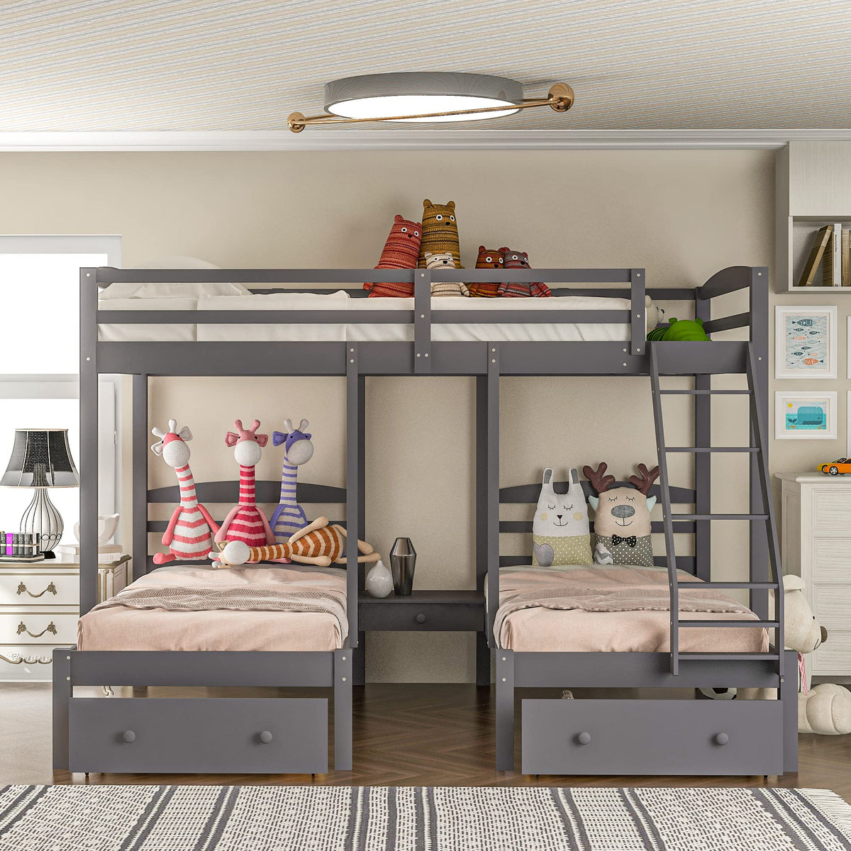 Full Over 2 Twin Wood Triple Bunk Bed with 3 Drawers and Guardrails A999838