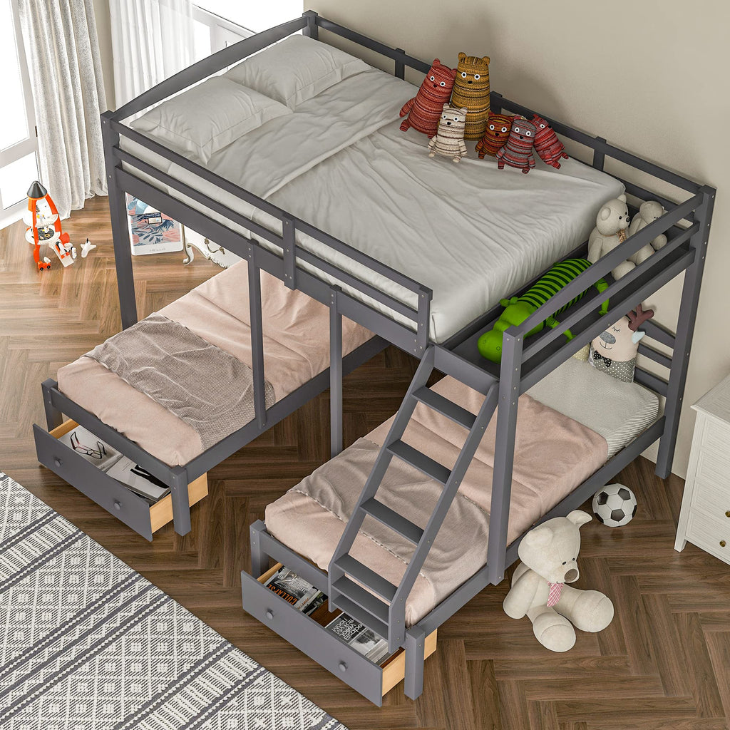 Full Over 2 Twin Wood Triple Bunk Bed with 3 Drawers and Guardrails A999838