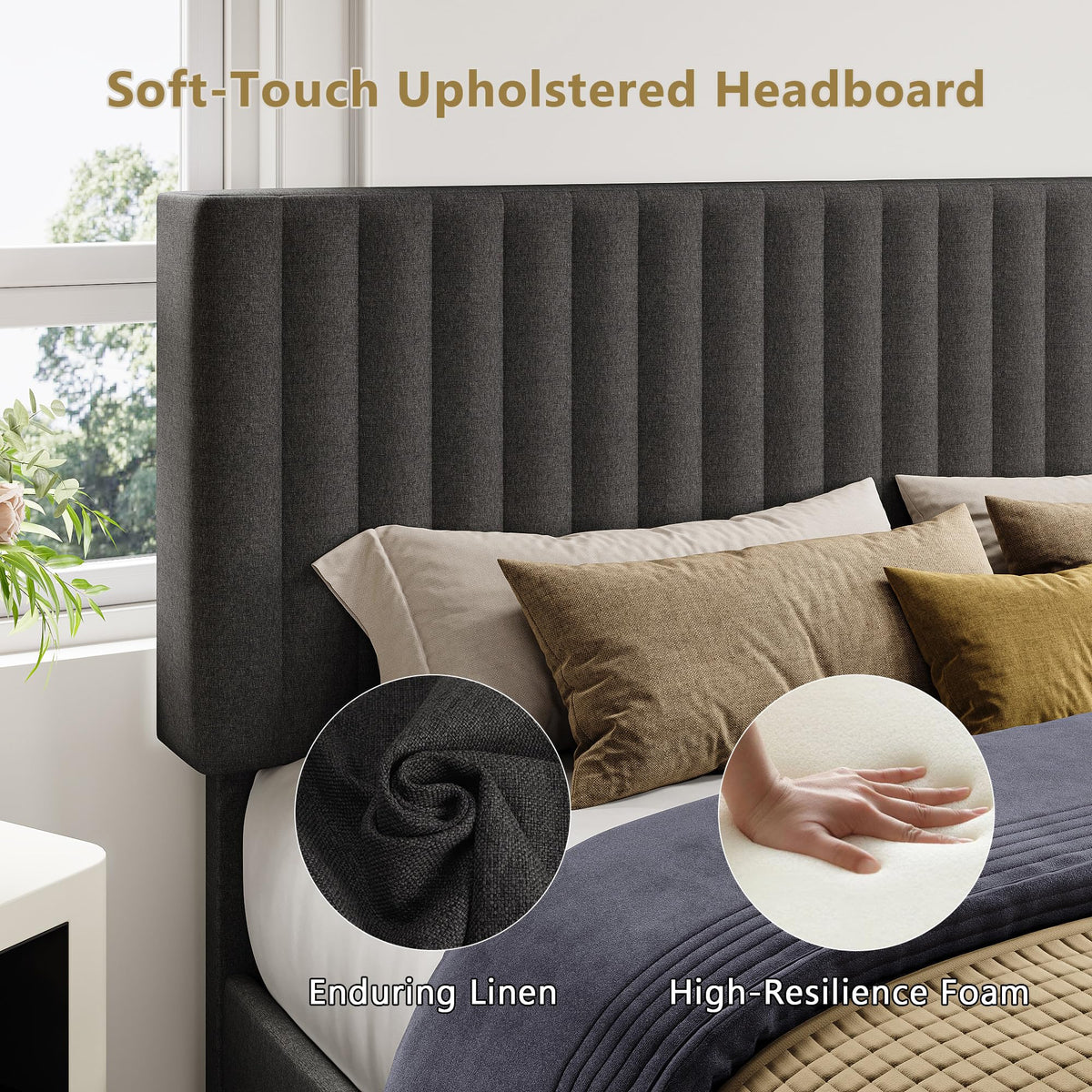 Queen Size Upholstered Platform Bed with Linen Headboard H102