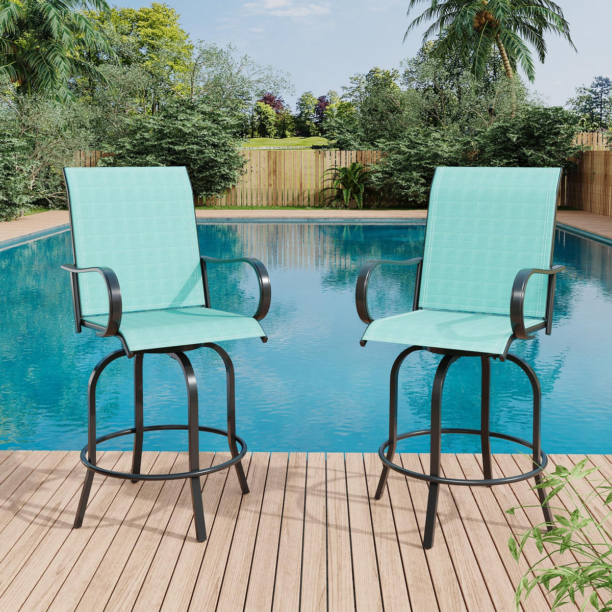 2 Piece Teal Outdoor Swivel Bar Stools with High Back & Armrest B598305