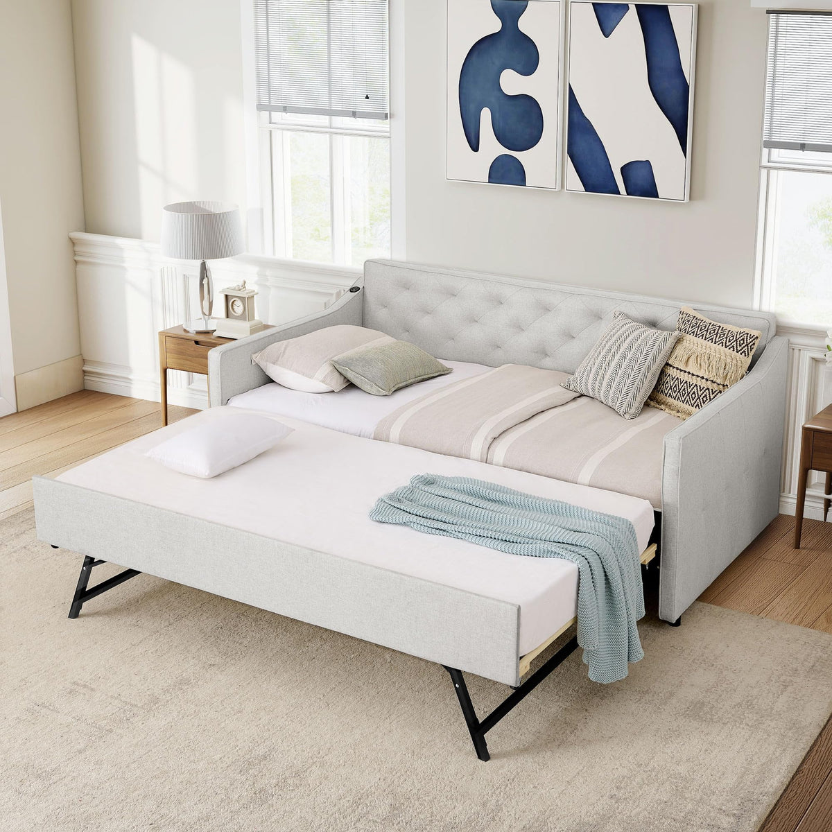 Beige Fabric Upholstered Twin Size Daybed with Pop up Trundle P5315