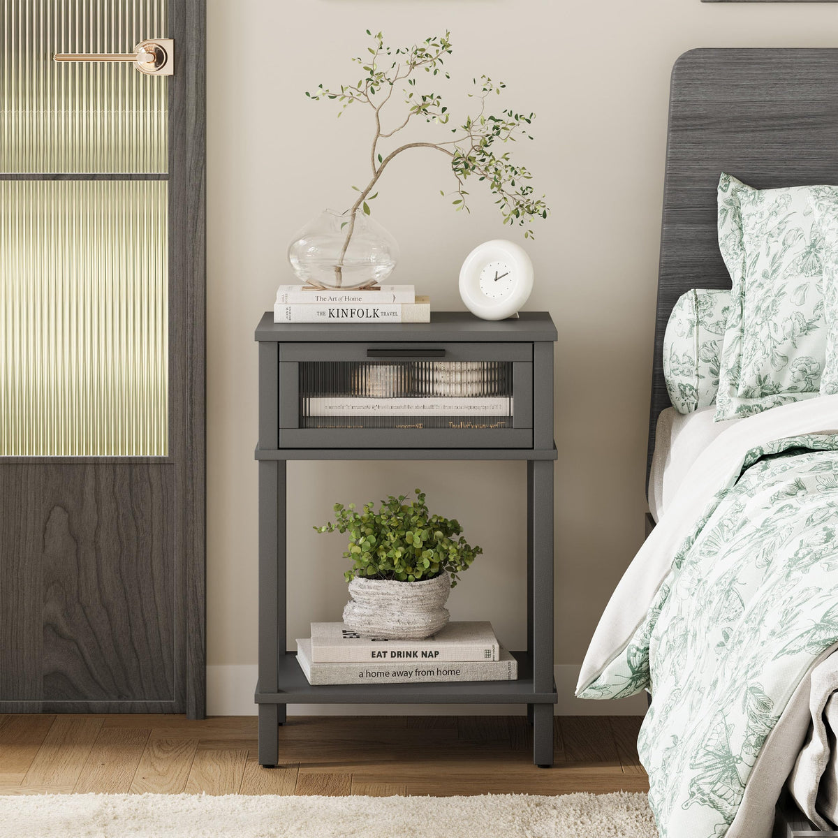 Grey Wooden Nightstand with Drawer and Storage Shelf V24022