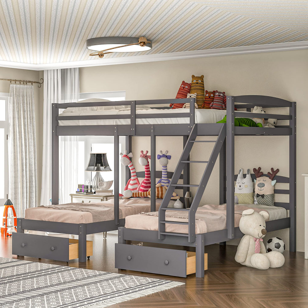 Full Over 2 Twin Wood Triple Bunk Bed with 3 Drawers and Guardrails A999838