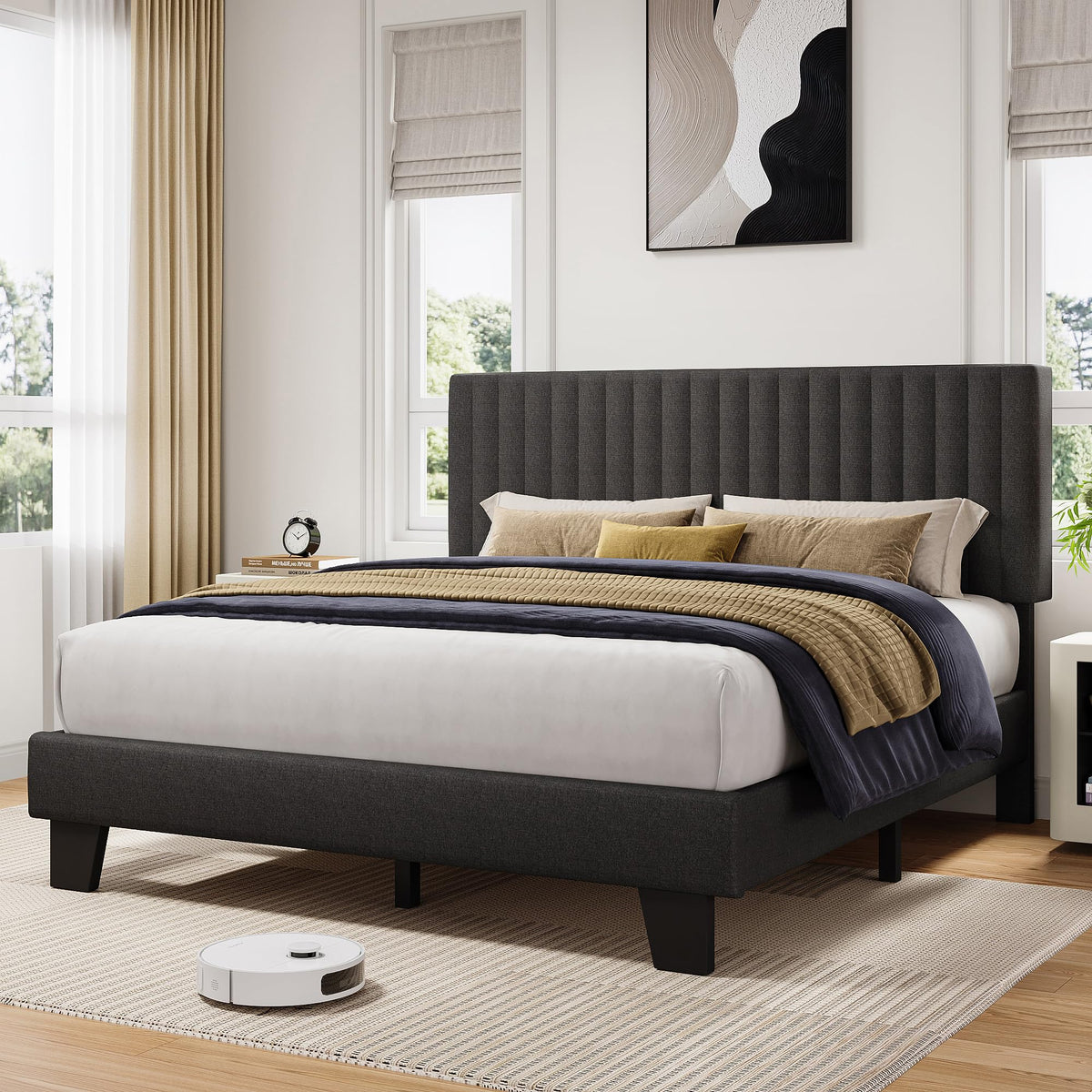 Queen Size Upholstered Platform Bed with Linen Headboard H102