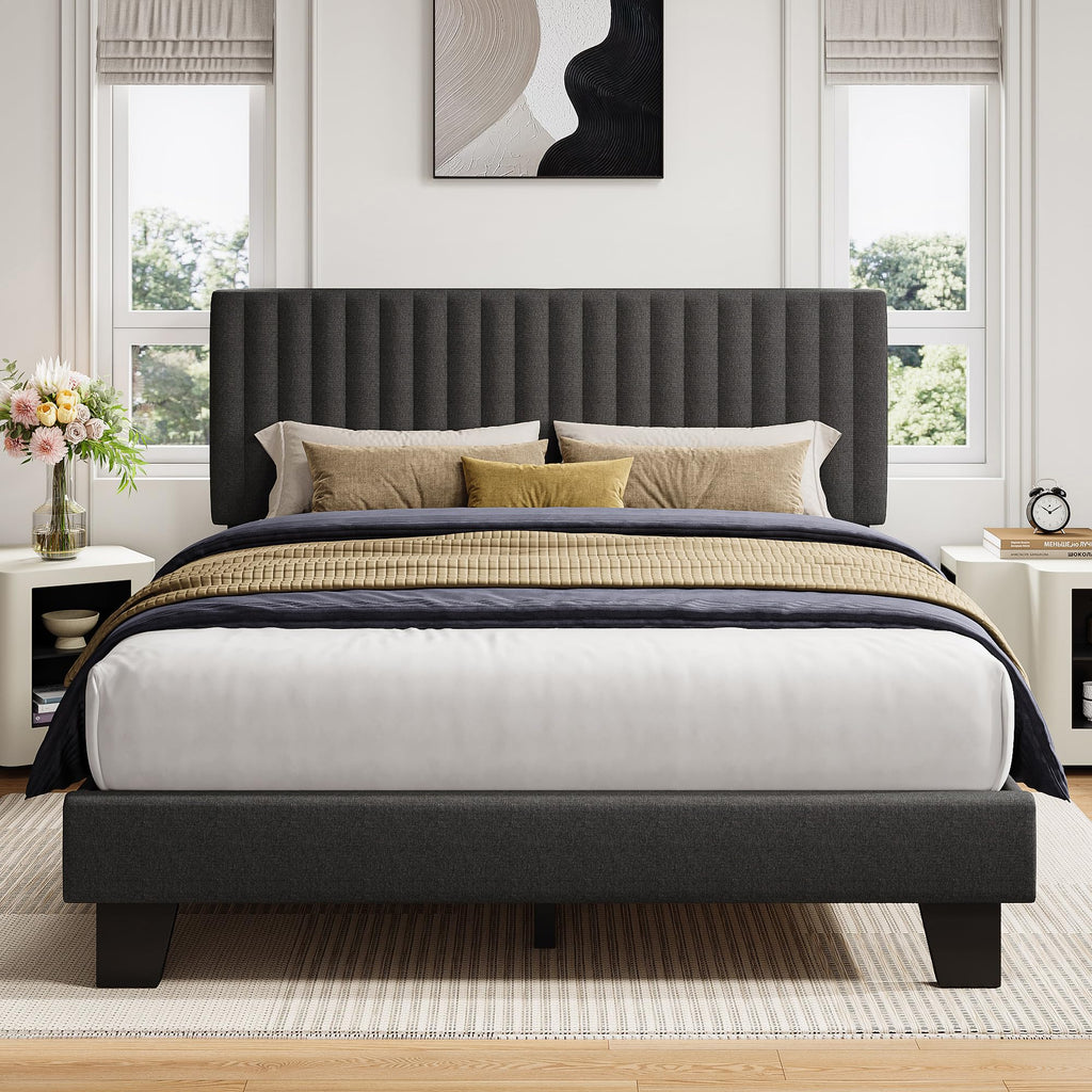 Queen Size Upholstered Platform Bed with Linen Headboard H102