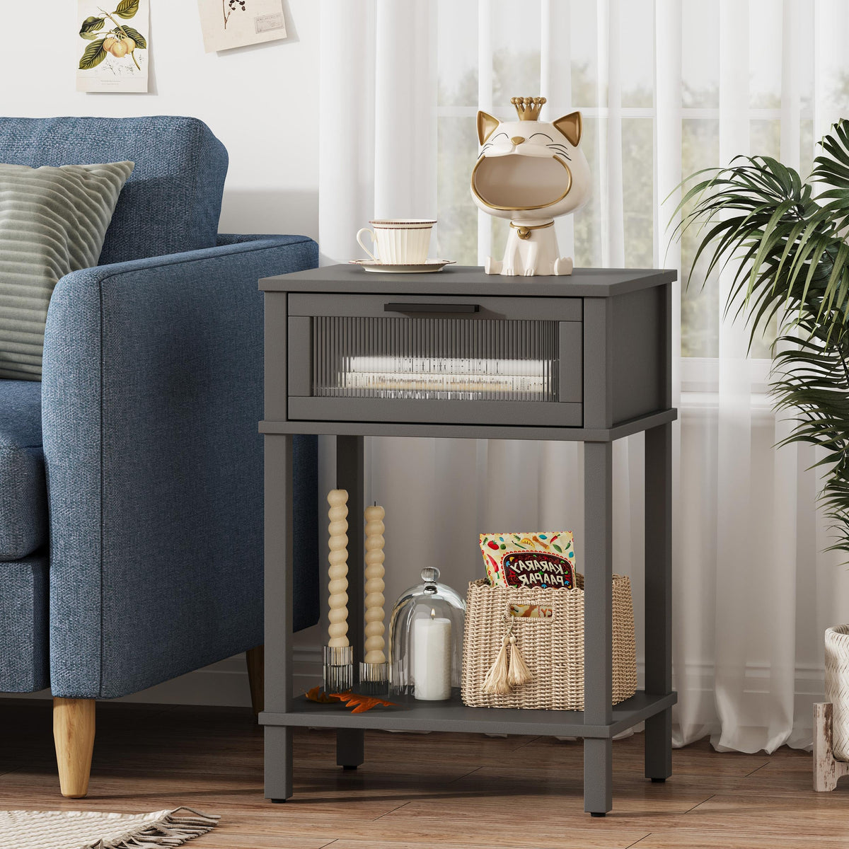 Grey Wooden Nightstand with Drawer and Storage Shelf V24022
