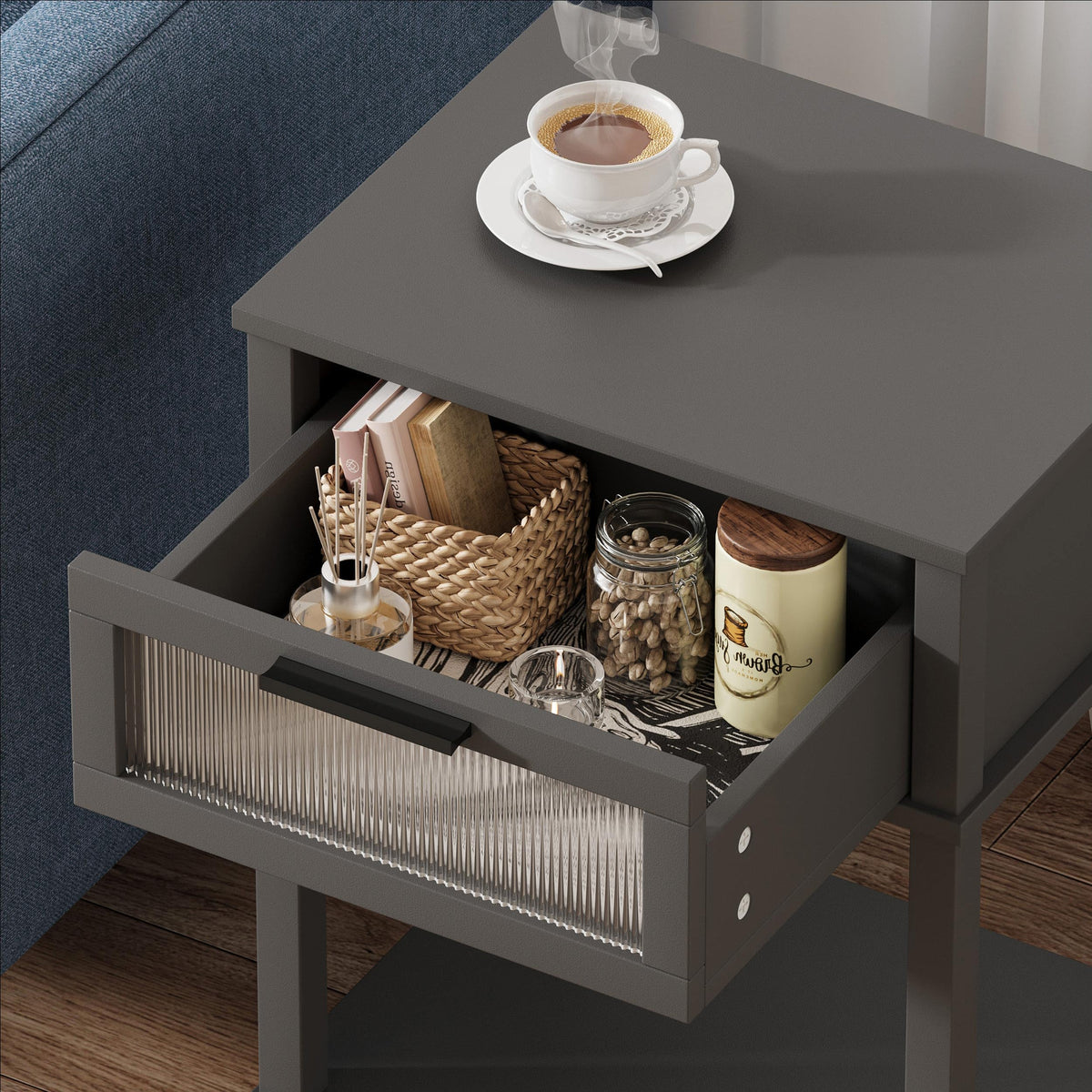 Grey Wooden Nightstand with Drawer and Storage Shelf V24022